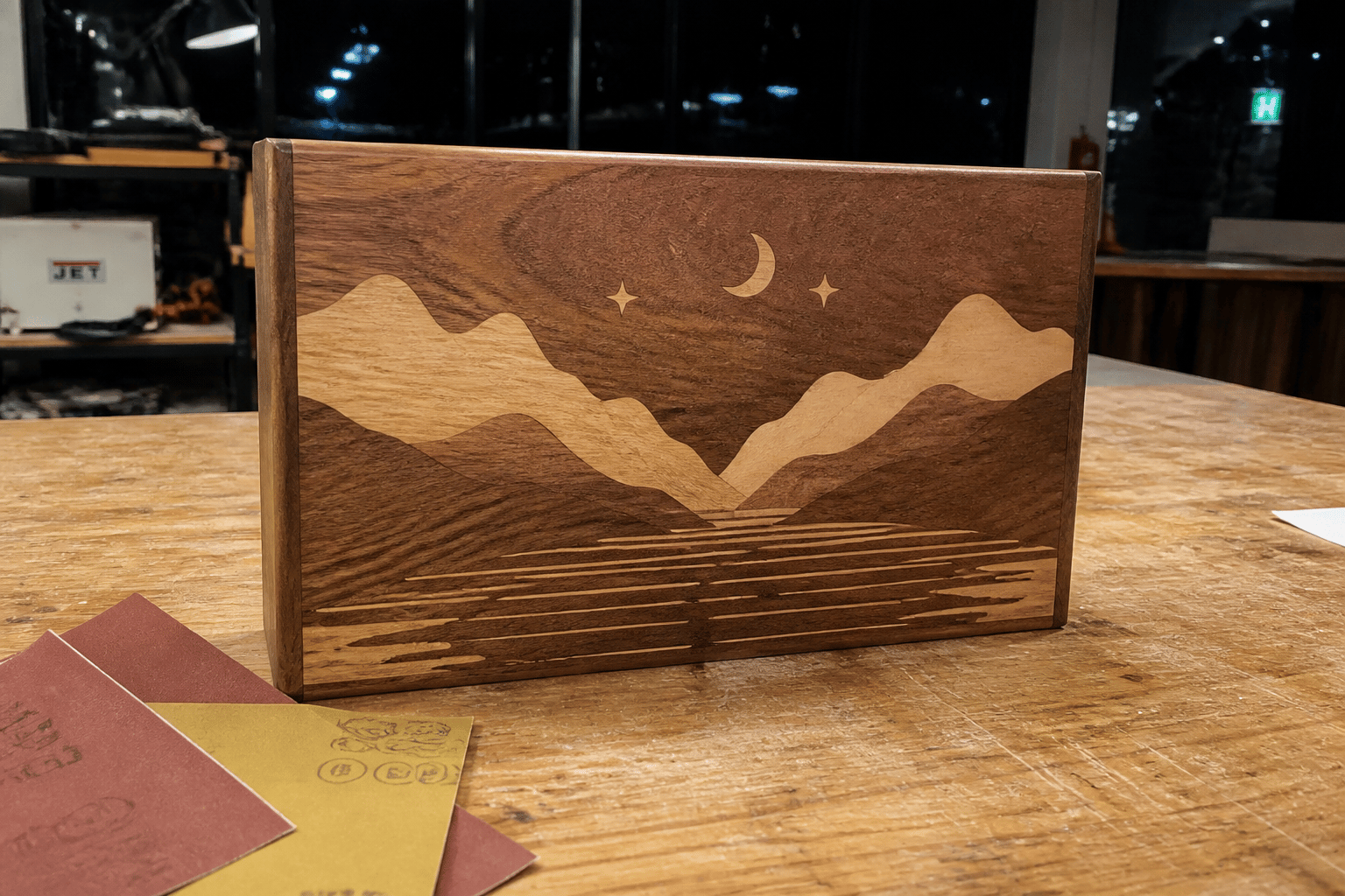 Wood panel with contrasting laser inlay and oil finish